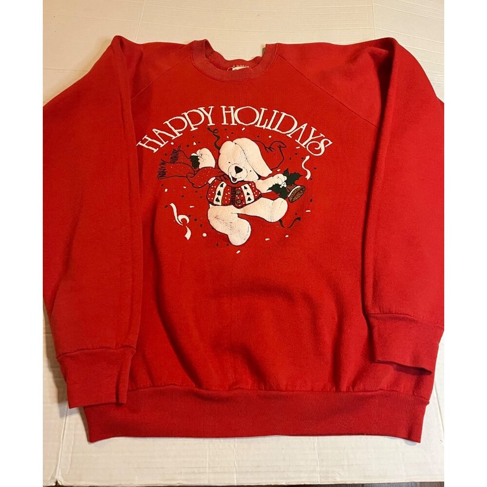 Vintage Fruit Of The Loom Red crewneck Sweatshirt L teddy bear happy holidays